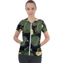 Tropical vintage yellow hibiscus floral green leaves seamless pattern black background. Short Sleeve Zip Up Jacket View1