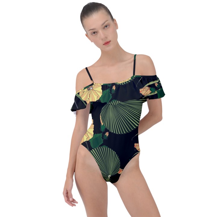 Tropical vintage yellow hibiscus floral green leaves seamless pattern black background. Frill Detail One Piece Swimsuit