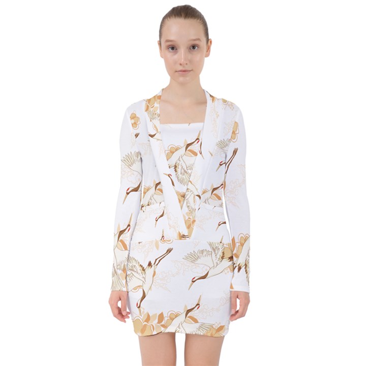 Birds and flowers  V-neck Bodycon Long Sleeve Dress