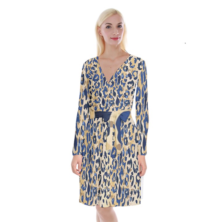 Leopard skin  Long Sleeve Velvet Front Wrap Dress