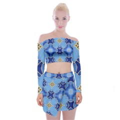 Blue Ornate Off Shoulder Top With Mini Skirt Set