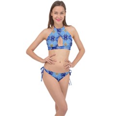 Blue Ornate Cross Front Halter Bikini Set