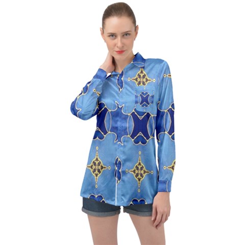 Blue Ornate Long Sleeve Satin Shirt by Dazzleway