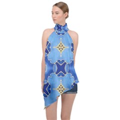 Blue Ornate Halter Asymmetric Satin Top by Dazzleway