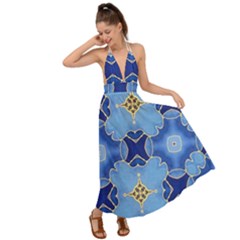 Blue Ornate Backless Maxi Beach Dress