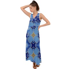 Blue Ornate V-neck Chiffon Maxi Dress by Dazzleway