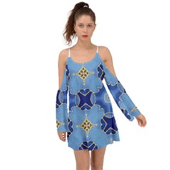 Blue Ornate Kimono Sleeves Boho Dress by Dazzleway