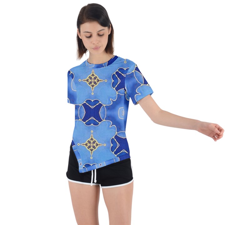 Blue ornate Asymmetrical Short Sleeve Sports Tee