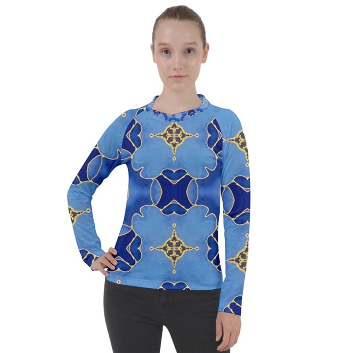 Blue ornate Women s Pique Long Sleeve Tee