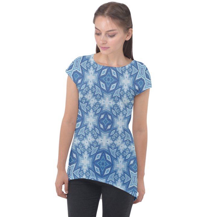 Blue pattern Cap Sleeve High Low Top