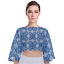 Blue pattern Tie Back Butterfly Sleeve Chiffon Top View1