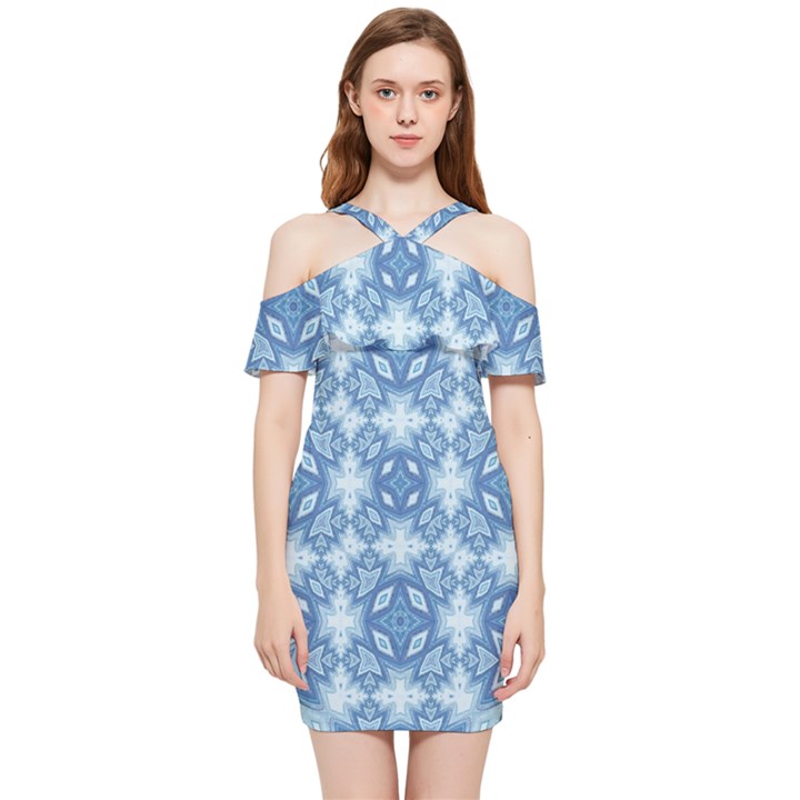 Blue pattern Shoulder Frill Bodycon Summer Dress