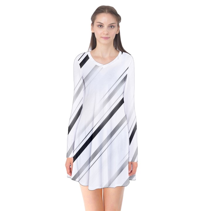 High contrast minimalist black and white modern abstract linear geometric style design Long Sleeve V-neck Flare Dress