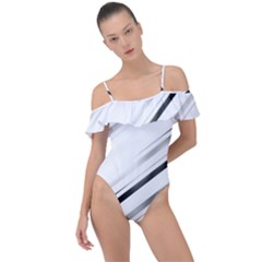 High Contrast Minimalist Black And White Modern Abstract Linear Geometric Style Design Frill Detail One Piece Swimsuit