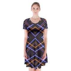 Intersecting Diamonds Motif Print Pattern Short Sleeve V-neck Flare Dress by dflcprintsclothing