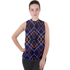 Intersecting Diamonds Motif Print Pattern Mock Neck Chiffon Sleeveless Top by dflcprintsclothing