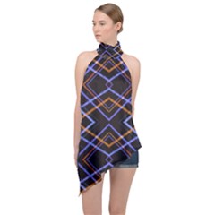 Intersecting Diamonds Motif Print Pattern Halter Asymmetric Satin Top by dflcprintsclothing