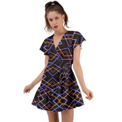 Intersecting Diamonds Motif Print Pattern Flutter Sleeve Wrap Dress by dflcprintsclothing