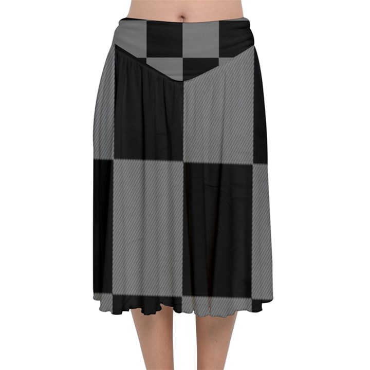 Black Gingham Check Pattern Velvet Flared Midi Skirt