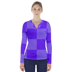 Purple Gingham Check Squares Pattern V-neck Long Sleeve Top by yoursparklingshop