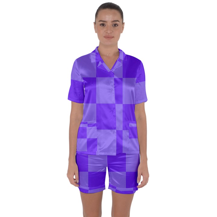 Purple Gingham Check Squares Pattern Satin Short Sleeve Pajamas Set