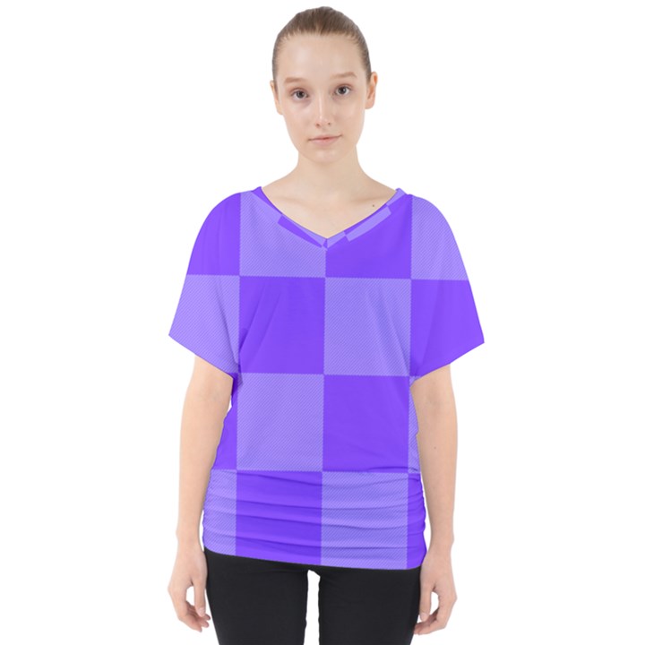 Purple Gingham Check Squares Pattern V-Neck Dolman Drape Top