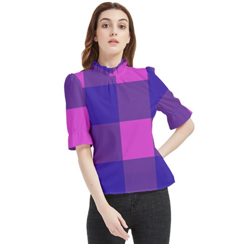 Blue And Pink Buffalo Plaid Check Squares Pattern Frill Neck Blouse by yoursparklingshop