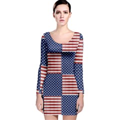 Red White Blue Stars And Stripes Long Sleeve Velvet Bodycon Dress