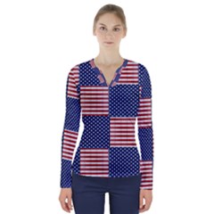 Red White Blue Stars And Stripes V-neck Long Sleeve Top by yoursparklingshop