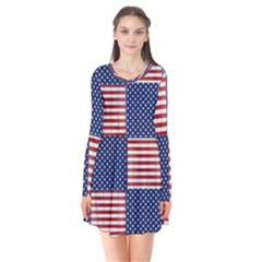 Red White Blue Stars And Stripes Long Sleeve V-neck Flare Dress by yoursparklingshop