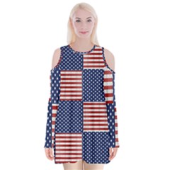 Red White Blue Stars And Stripes Velvet Long Sleeve Shoulder Cutout Dress