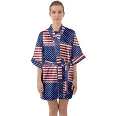 Red White Blue Stars And Stripes Half Sleeve Satin Kimono  by yoursparklingshop