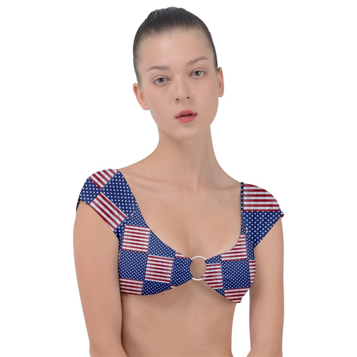 Red White Blue Stars And Stripes Cap Sleeve Ring Bikini Top