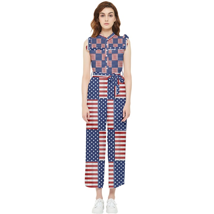 Red White Blue Stars And Stripes Women s Frill Top Jumpsuit