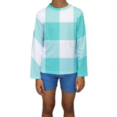 Turquoise And White Buffalo Check Kids  Long Sleeve Swimwear by yoursparklingshop