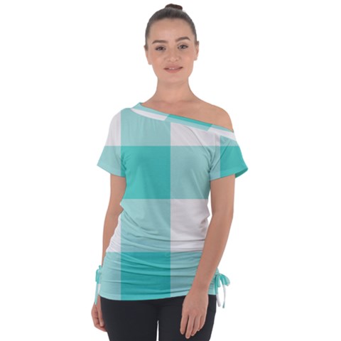 Turquoise And White Buffalo Check Off Shoulder Tie-up Tee by yoursparklingshop