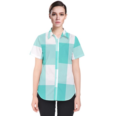 Turquoise And White Buffalo Check Women s Short Sleeve Shirt by yoursparklingshop