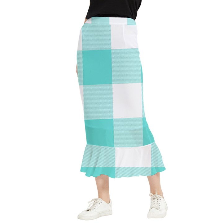 Turquoise And White Buffalo Check Maxi Fishtail Chiffon Skirt