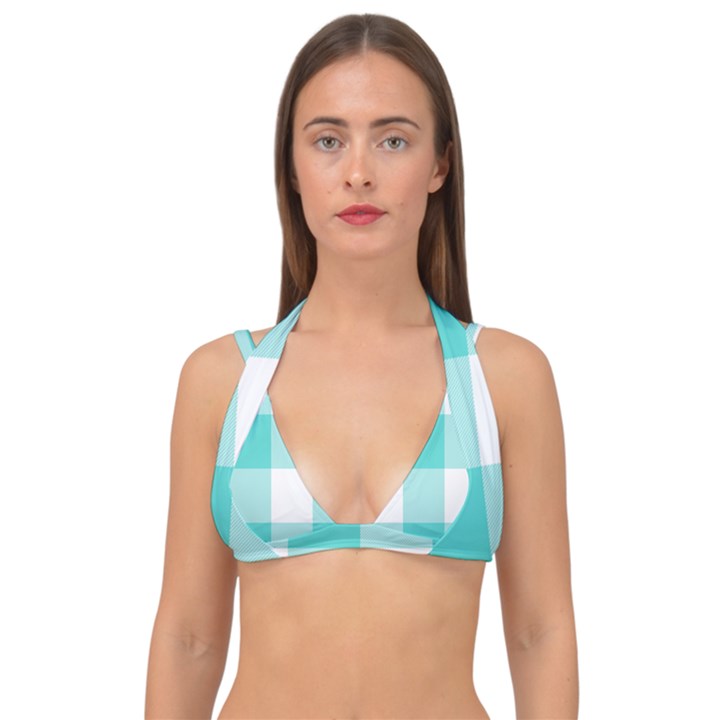 Turquoise And White Buffalo Check Double Strap Halter Bikini Top