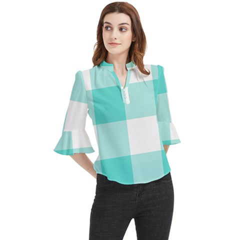 Turquoise And White Buffalo Check Loose Horn Sleeve Chiffon Blouse by yoursparklingshop