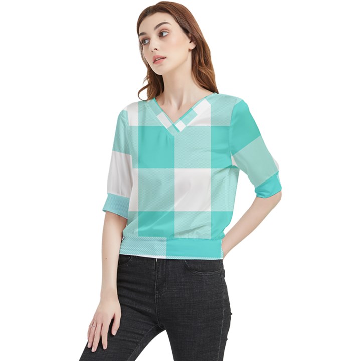 Turquoise And White Buffalo Check Quarter Sleeve Blouse