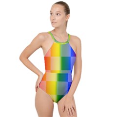 Lgbt Rainbow Buffalo Check Lgbtq Pride Squares Pattern High Neck One Piece Swimsuit by yoursparklingshop