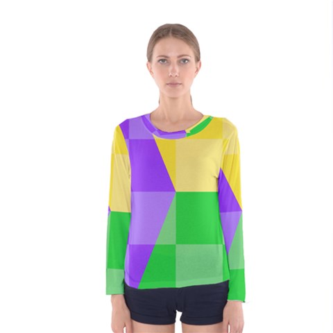 Purple Yellow Green Check Squares Pattern Mardi Gras Women s Long Sleeve Tee by yoursparklingshop