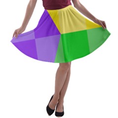 Purple Yellow Green Check Squares Pattern Mardi Gras A-line Skater Skirt by yoursparklingshop