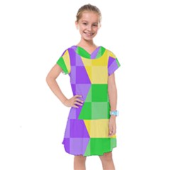 Purple Yellow Green Check Squares Pattern Mardi Gras Kids  Drop Waist Dress