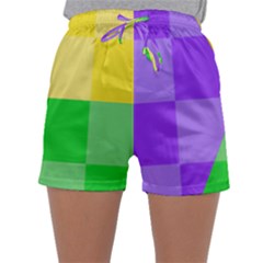 Purple Yellow Green Check Squares Pattern Mardi Gras Sleepwear Shorts by yoursparklingshop