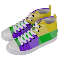 Purple Yellow Green Check Squares Pattern Mardi Gras Women s Mid-top Canvas Sneakers by yoursparklingshop