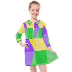 Purple Yellow Green Check Squares Pattern Mardi Gras Kids  Quarter Sleeve Shirt Dress