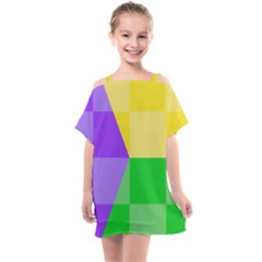 Purple Yellow Green Check Squares Pattern Mardi Gras Kids  One Piece Chiffon Dress by yoursparklingshop