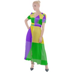 Purple Yellow Green Check Squares Pattern Mardi Gras Button Up Short Sleeve Maxi Dress by yoursparklingshop